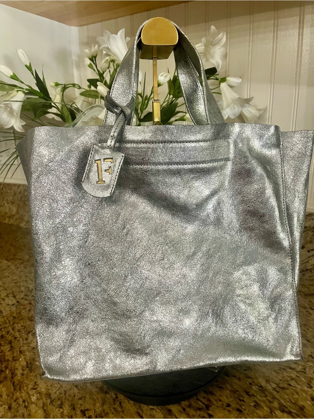 GUC Furla Silver Metallic Tote Bag with F Charm